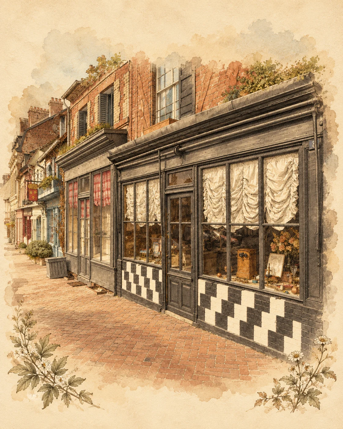The Après la pluie shopfront, illustrated in the style of an antique engraving