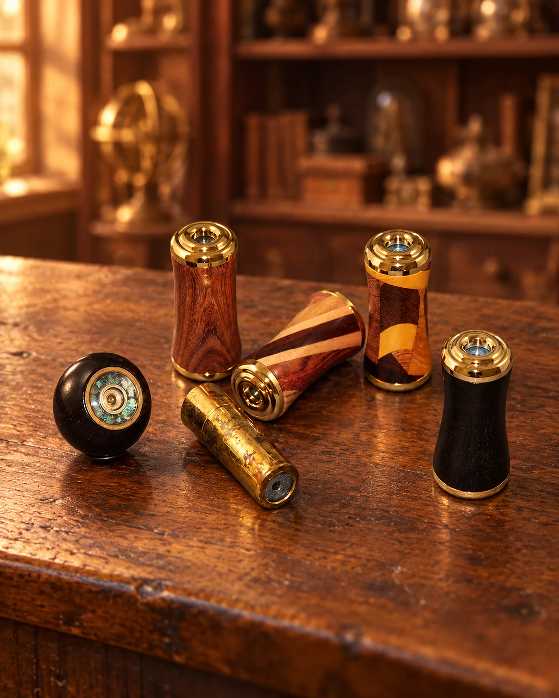Mini kaleidoscopes in fine wood and brass
