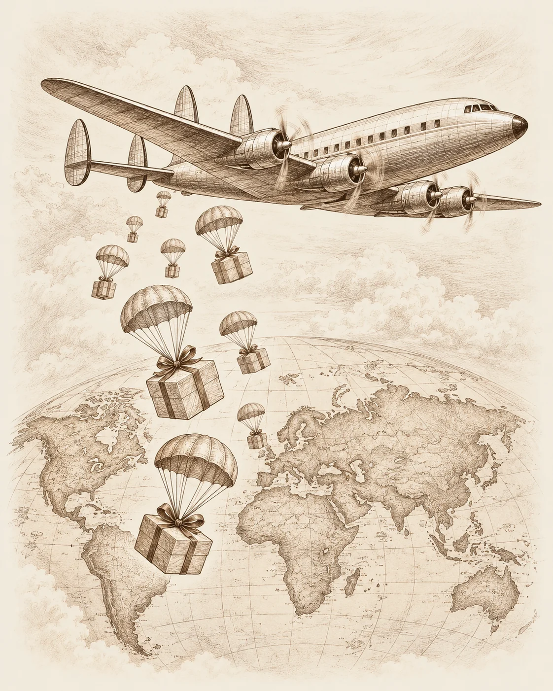 Dessin au trait brun d’un avion de type Constellation larguant des cadeaux en parachute au-dessus d’une carte du monde